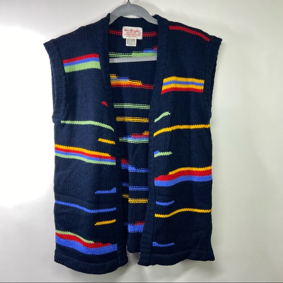 Vintage Jackets & Blazers - Vintage 70's Korea Large Acrylic Knit Sweater Vest Stripe Open Front Boho Hippie